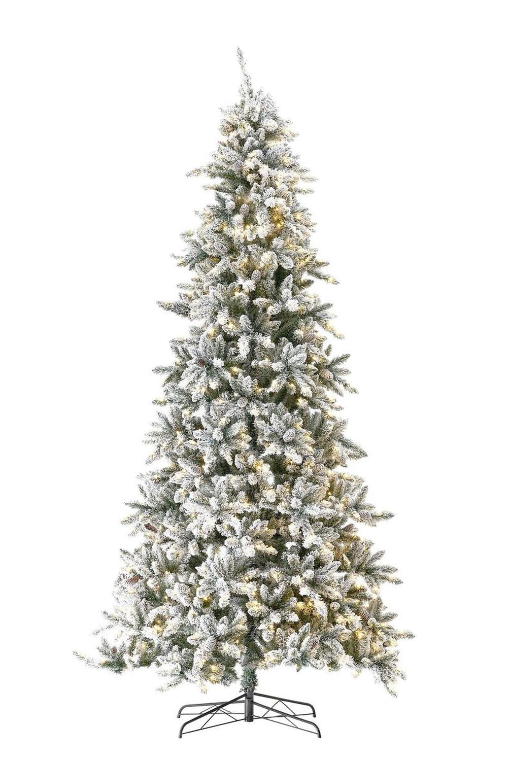 10’ Flocked Livingston Fir Artificial Christmas Tree with Pine Cones, 750 Clear Warm LED Lights and 2424 Bendable Branches