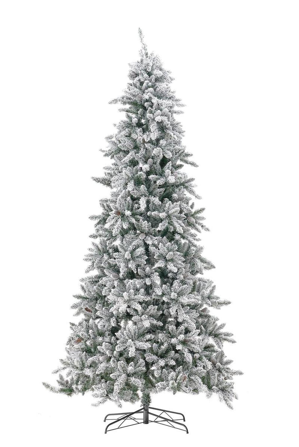 10’ Flocked Livingston Fir Artificial Christmas Tree with Pine Cones, 750 Clear Warm LED Lights and 2424 Bendable Branches