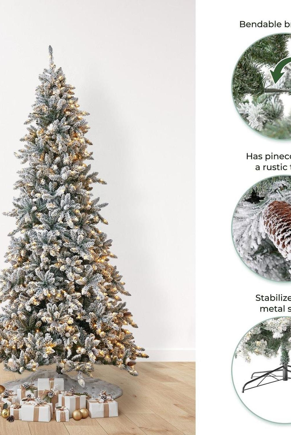 10’ Flocked Livingston Fir Artificial Christmas Tree with Pine Cones, 750 Clear Warm LED Lights and 2424 Bendable Branches