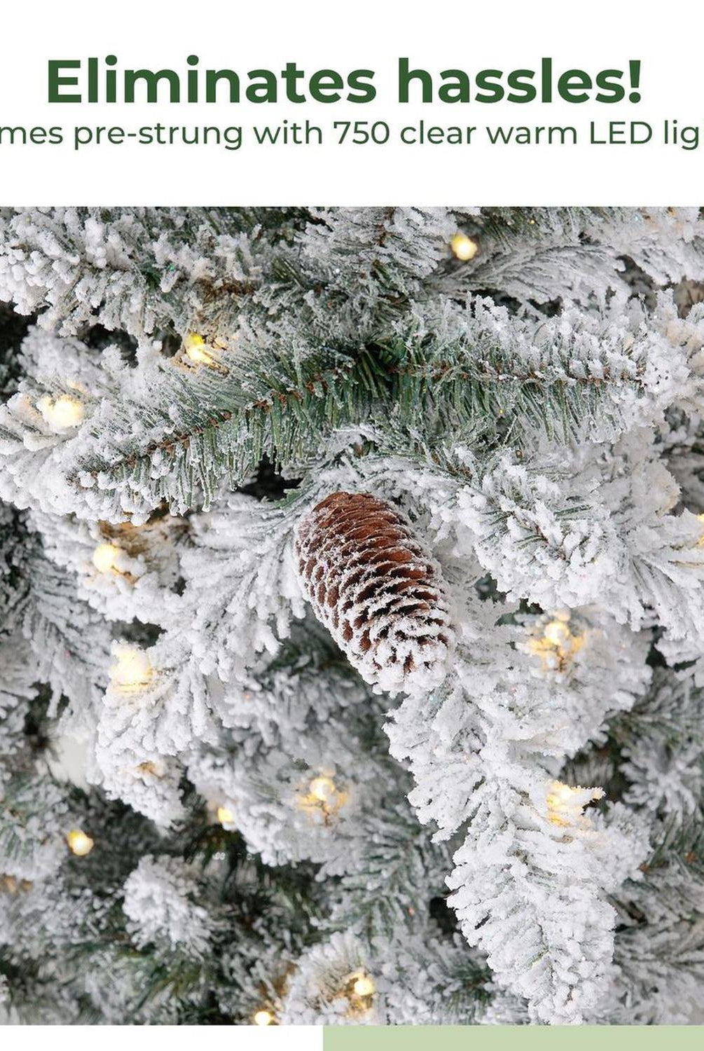 10’ Flocked Livingston Fir Artificial Christmas Tree with Pine Cones, 750 Clear Warm LED Lights and 2424 Bendable Branches