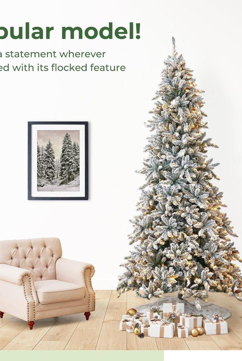 10’ Flocked Livingston Fir Artificial Christmas Tree with Pine Cones, 750 Clear Warm LED Lights and 2424 Bendable Branches