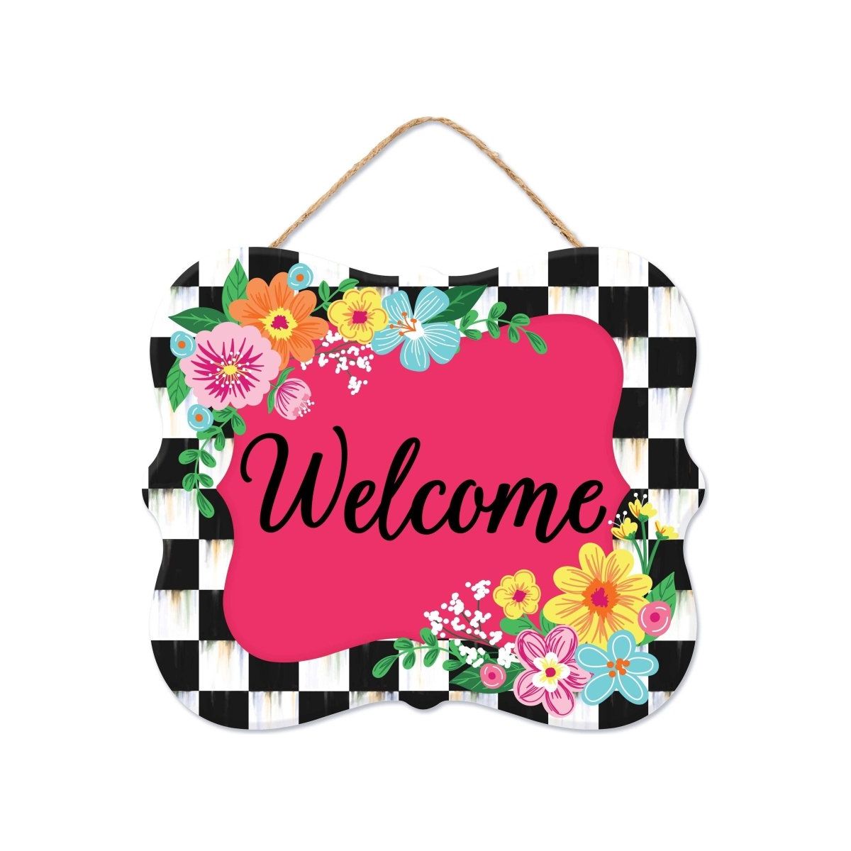 Shop For 10" Scalloped Wooden Sign: Welcome Hot Pink Checker