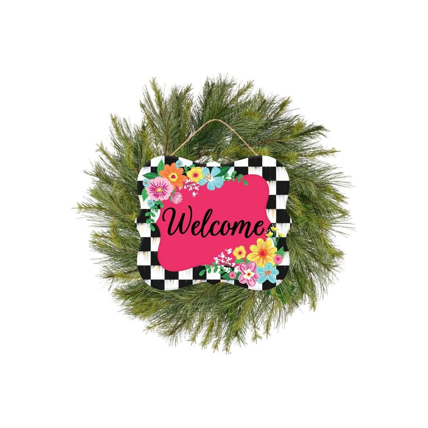 Shop For 10" Scalloped Wooden Sign: Welcome Hot Pink Checker