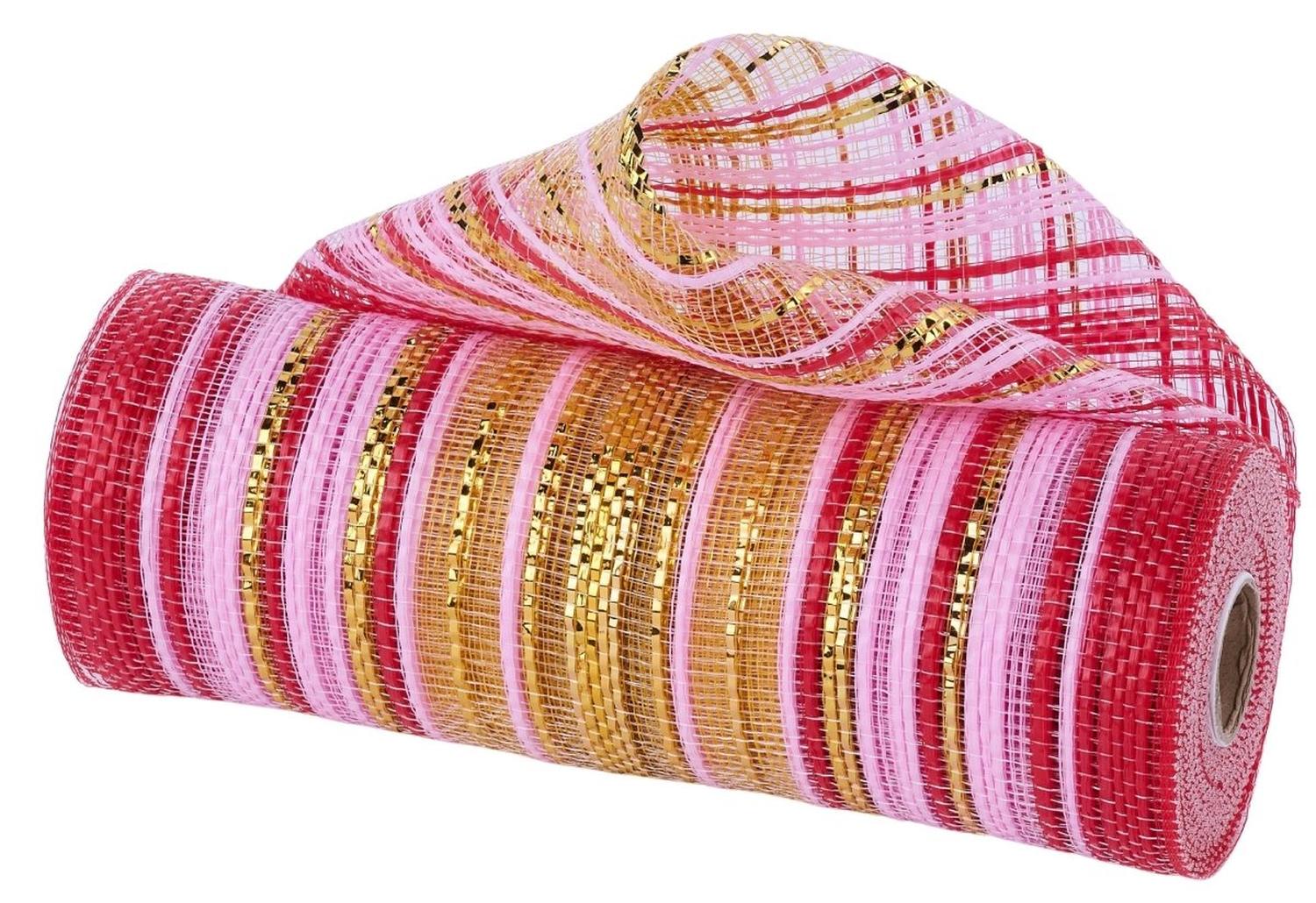 10in Wide Vertical Strip Ombré Mesh: Red, Pink & Metallic Gold