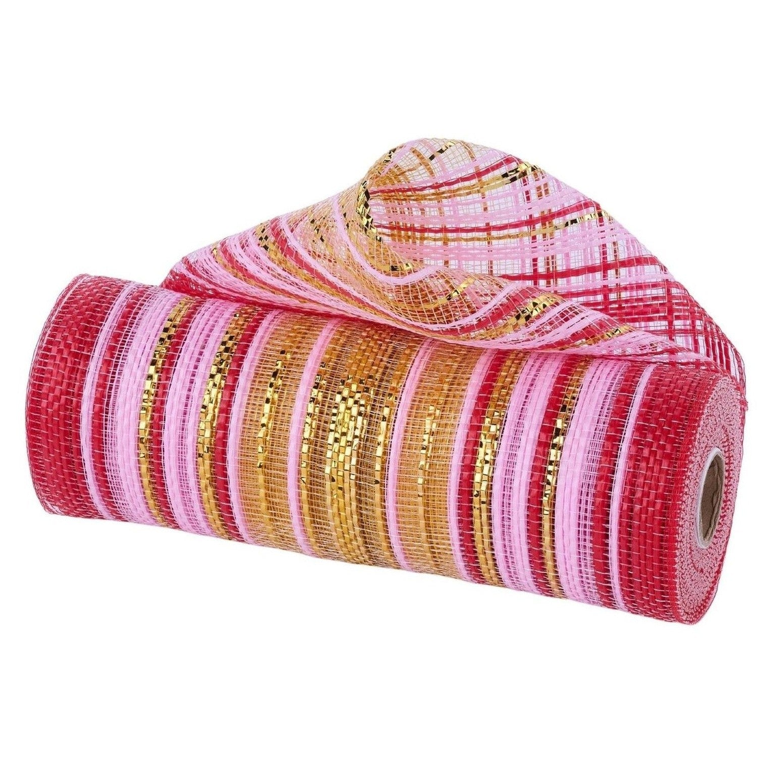10in Wide Vertical Strip Ombré Mesh: Red, Pink & Metallic Gold