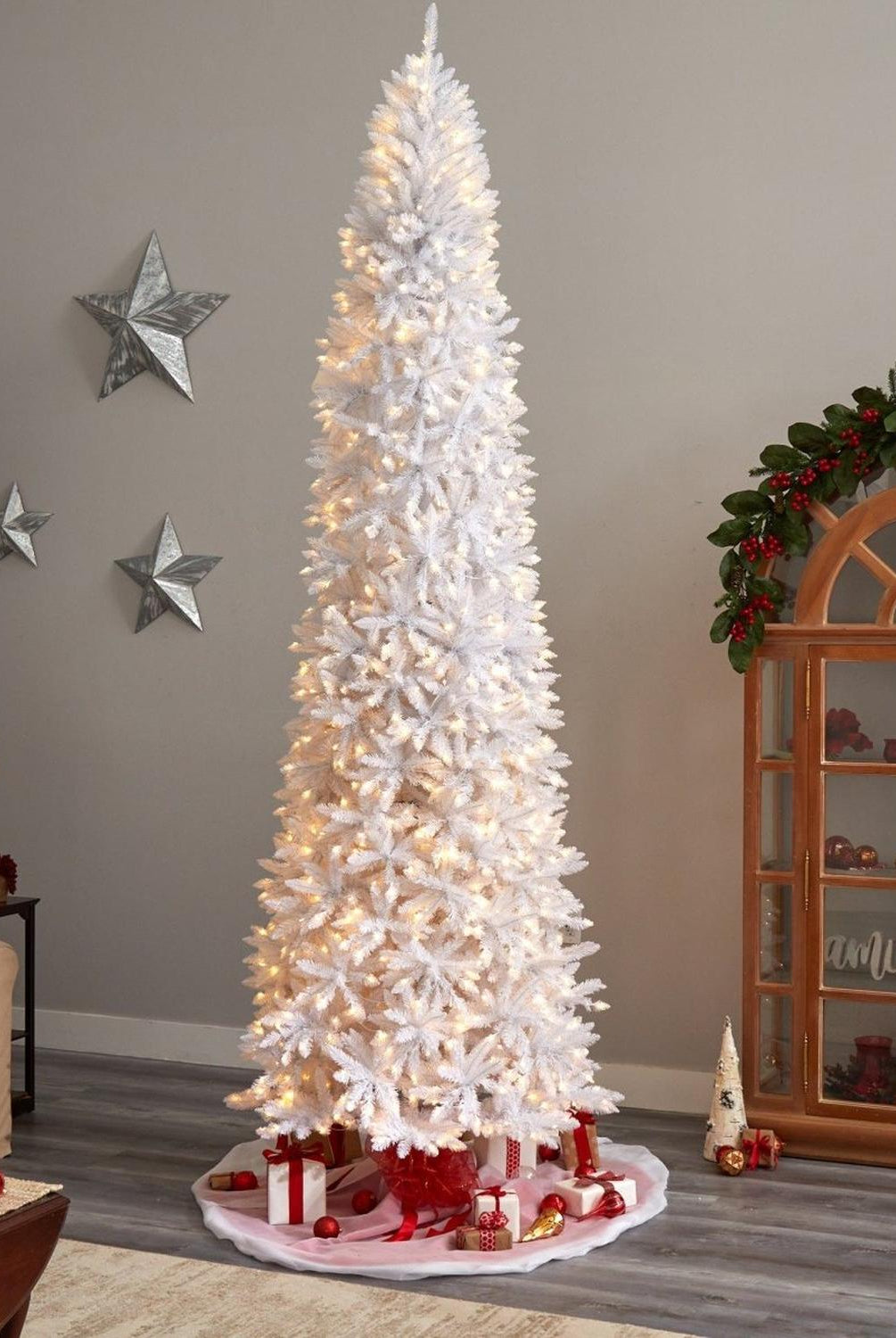 11’ Slim White Artificial Christmas Tree with 950 Warm White LED Lights and 2836 Bendable Branches