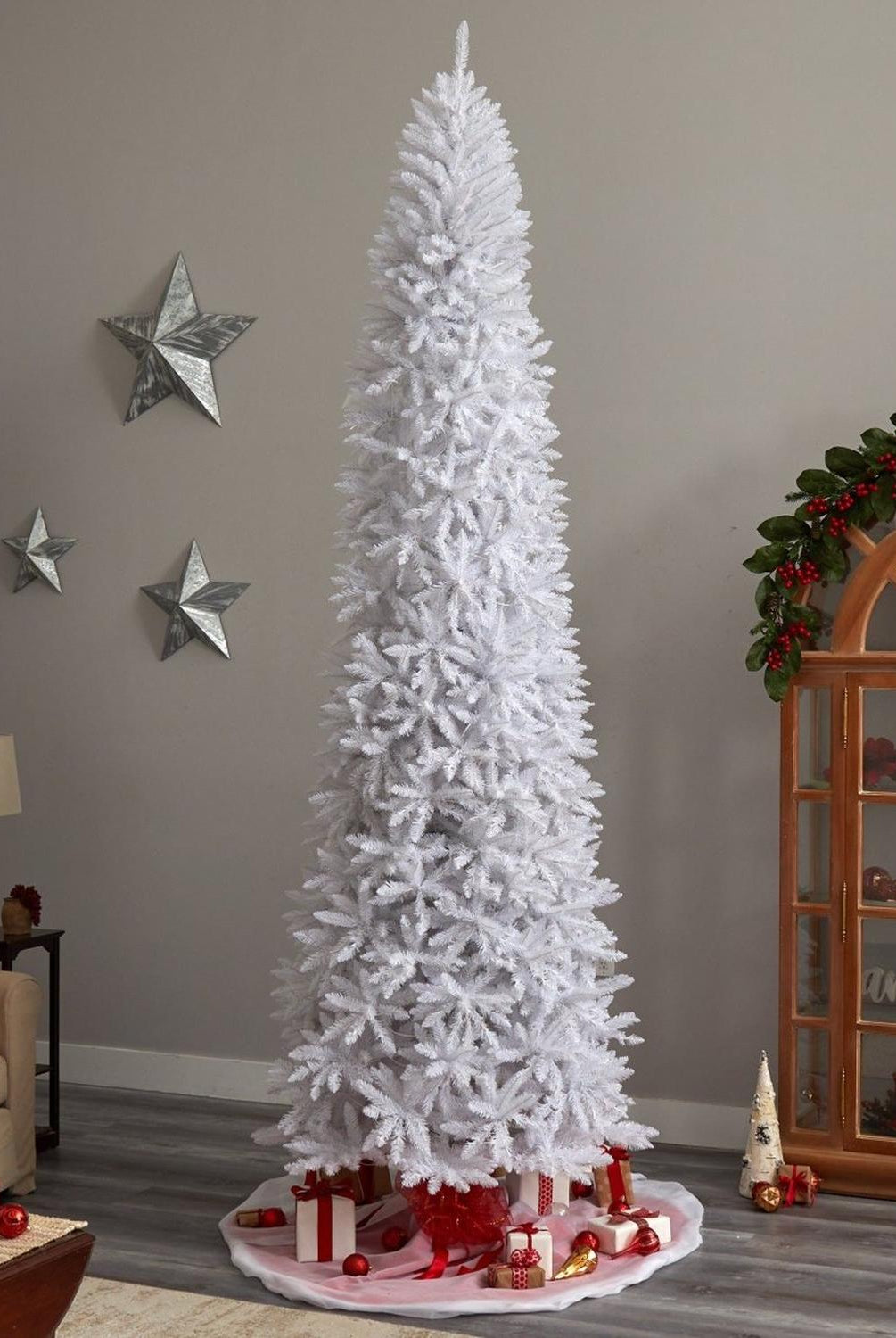 11’ Slim White Artificial Christmas Tree with 950 Warm White LED Lights and 2836 Bendable Branches