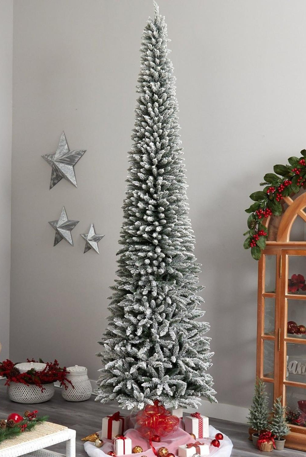 12’ Flocked Pencil Artificial Christmas Tree with 1000 Clear Lights and 1819 Bendable Branches