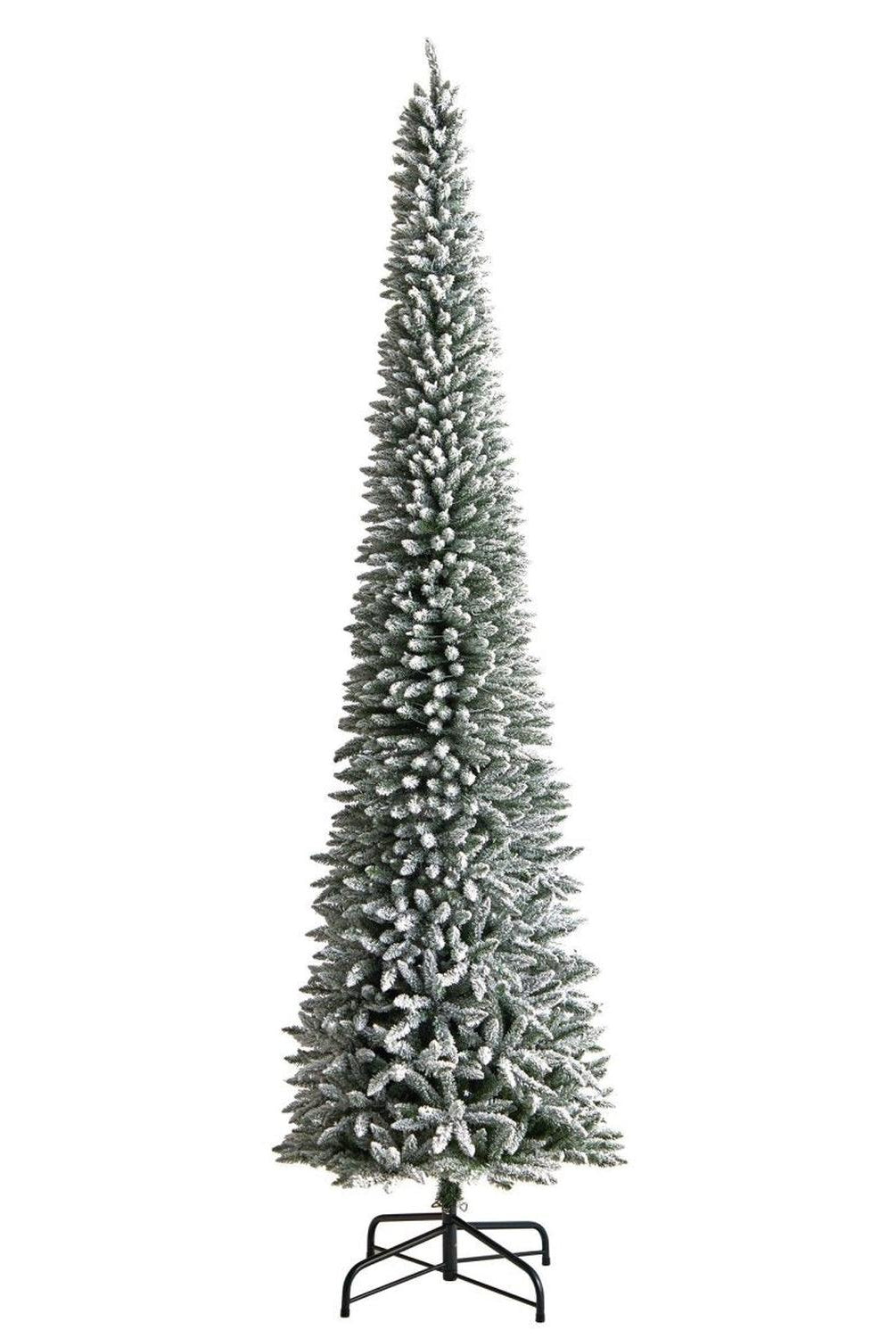 12’ Flocked Pencil Artificial Christmas Tree with 1000 Clear Lights and 1819 Bendable Branches