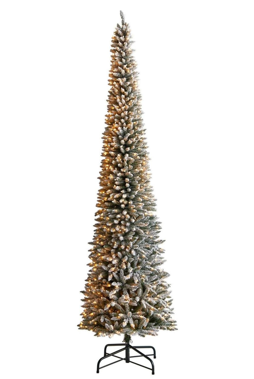 12’ Flocked Pencil Artificial Christmas Tree with 1000 Clear Lights and 1819 Bendable Branches