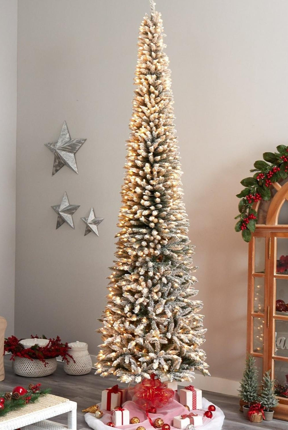 12’ Flocked Pencil Artificial Christmas Tree with 1000 Clear Lights and 1819 Bendable Branches