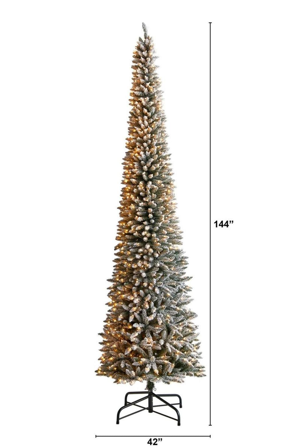12’ Flocked Pencil Artificial Christmas Tree with 1000 Clear Lights and 1819 Bendable Branches