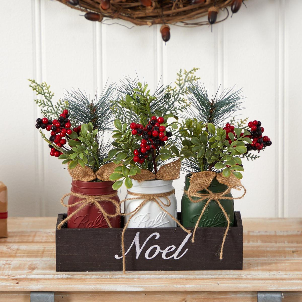 Shop For 12” Holiday Winter Three Piece Mason Jar Arrangement