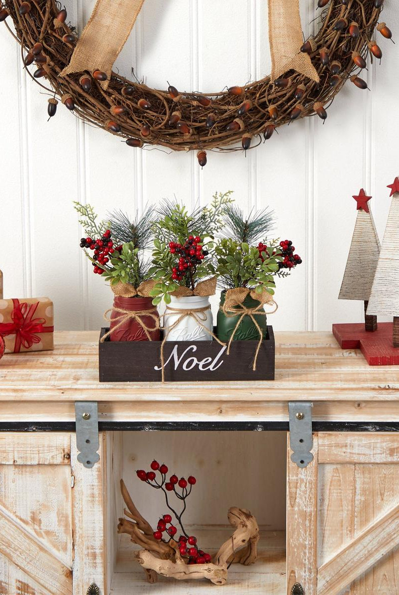 Shop For 12” Holiday Winter Three Piece Mason Jar Arrangement