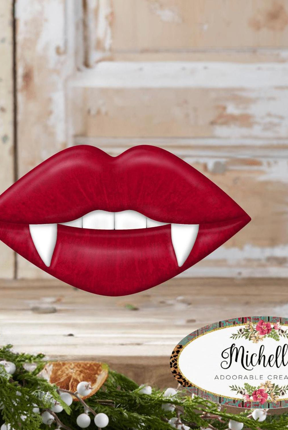 12" Metal Embossed Hanger: Vampire Lips Red