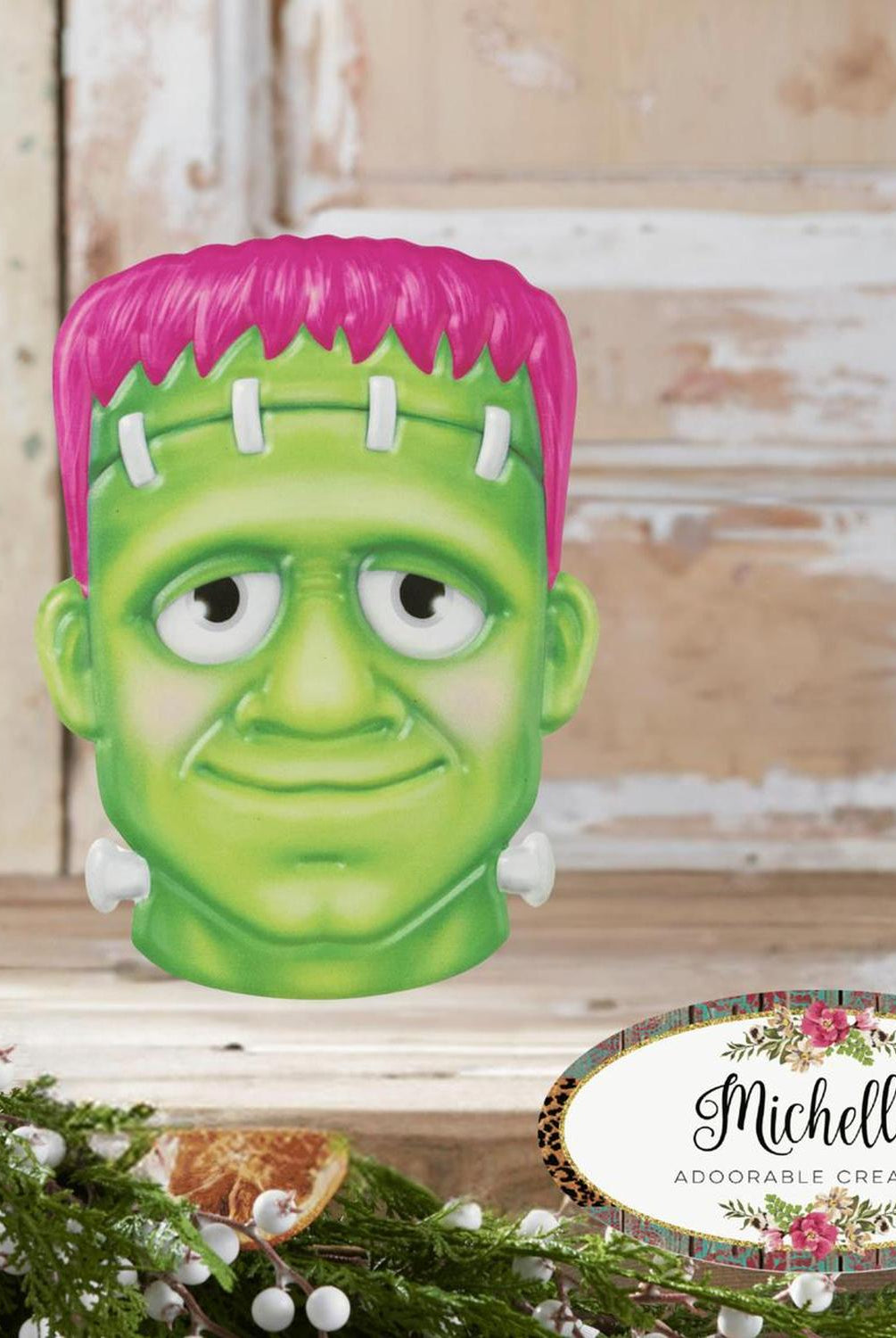 12" Metal Embossed Sign: Frankenstein (Pink)