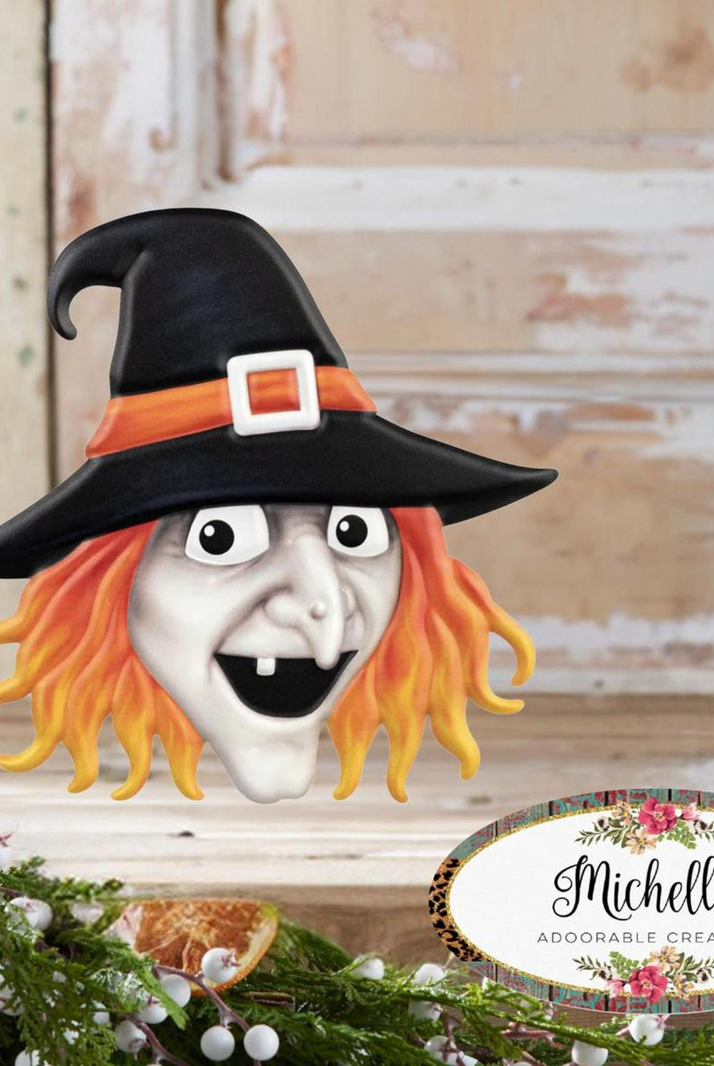 12" Metal Embossed Sign: Witch Head (Grey)