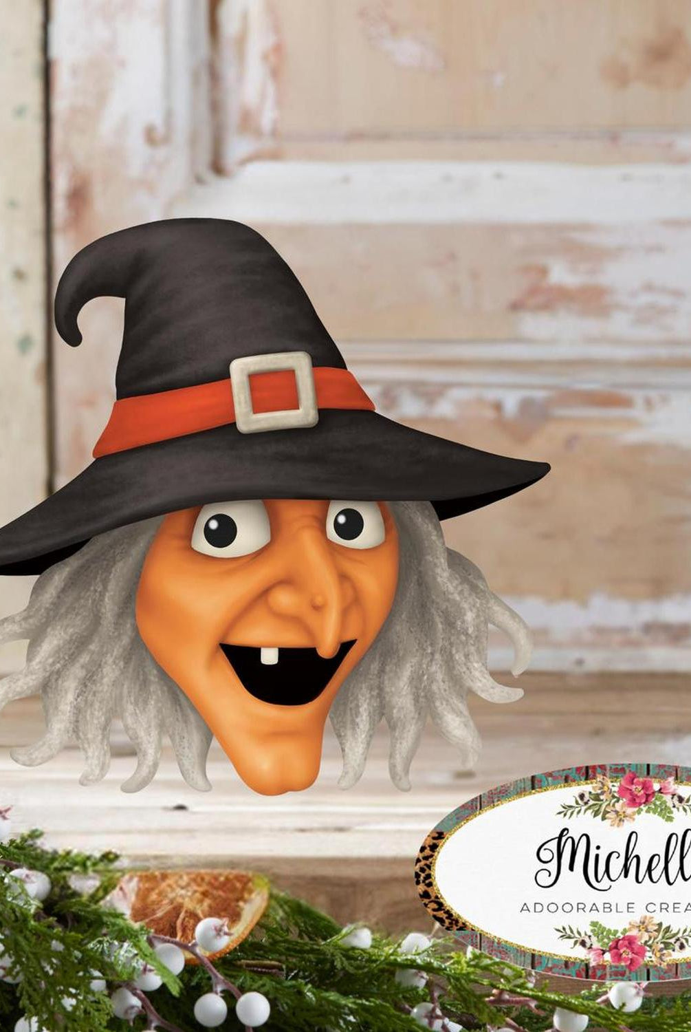 12" Metal Embossed Sign: Witch Head (Orange)