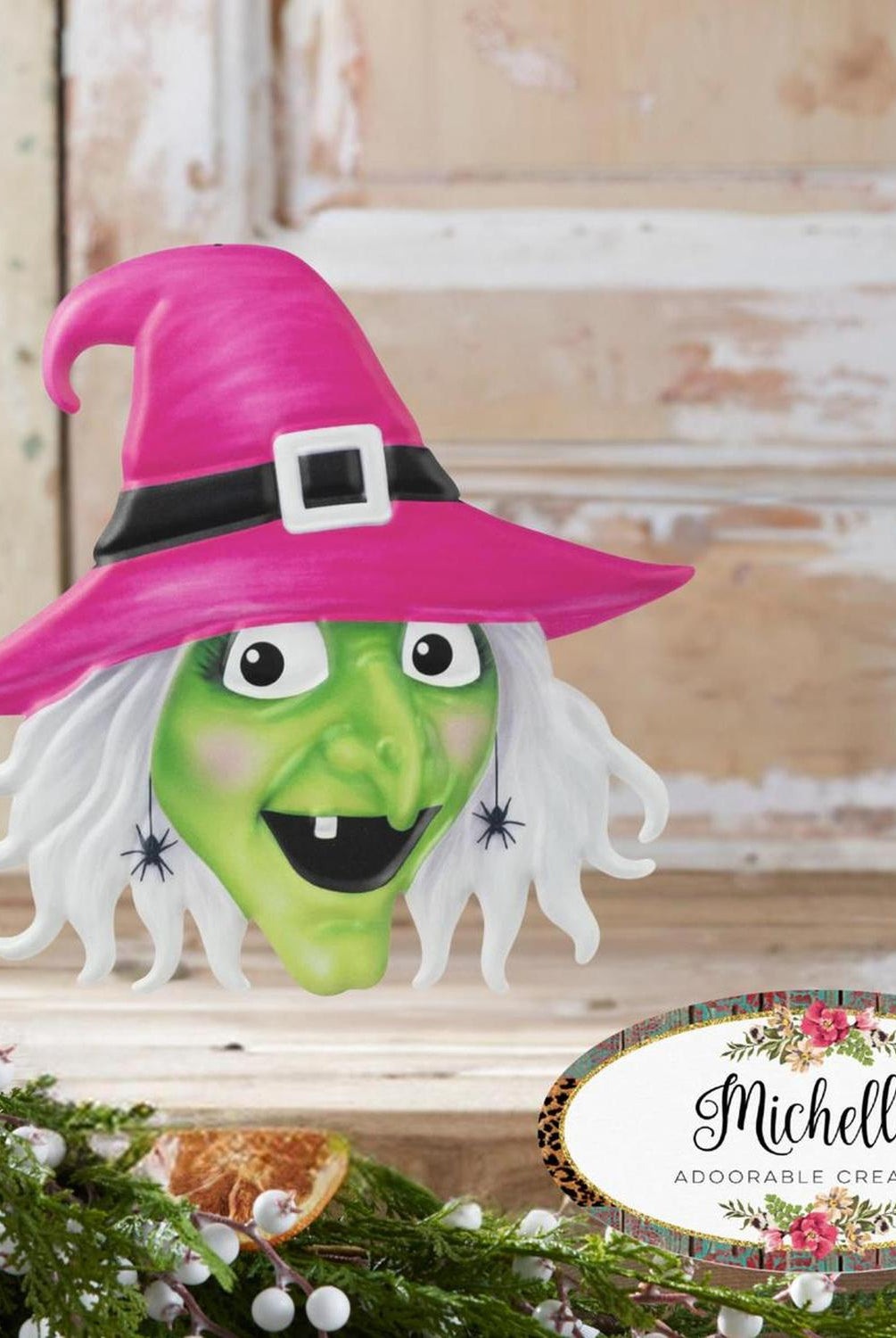 12" Metal Embossed Sign: Witch Head (Pink)