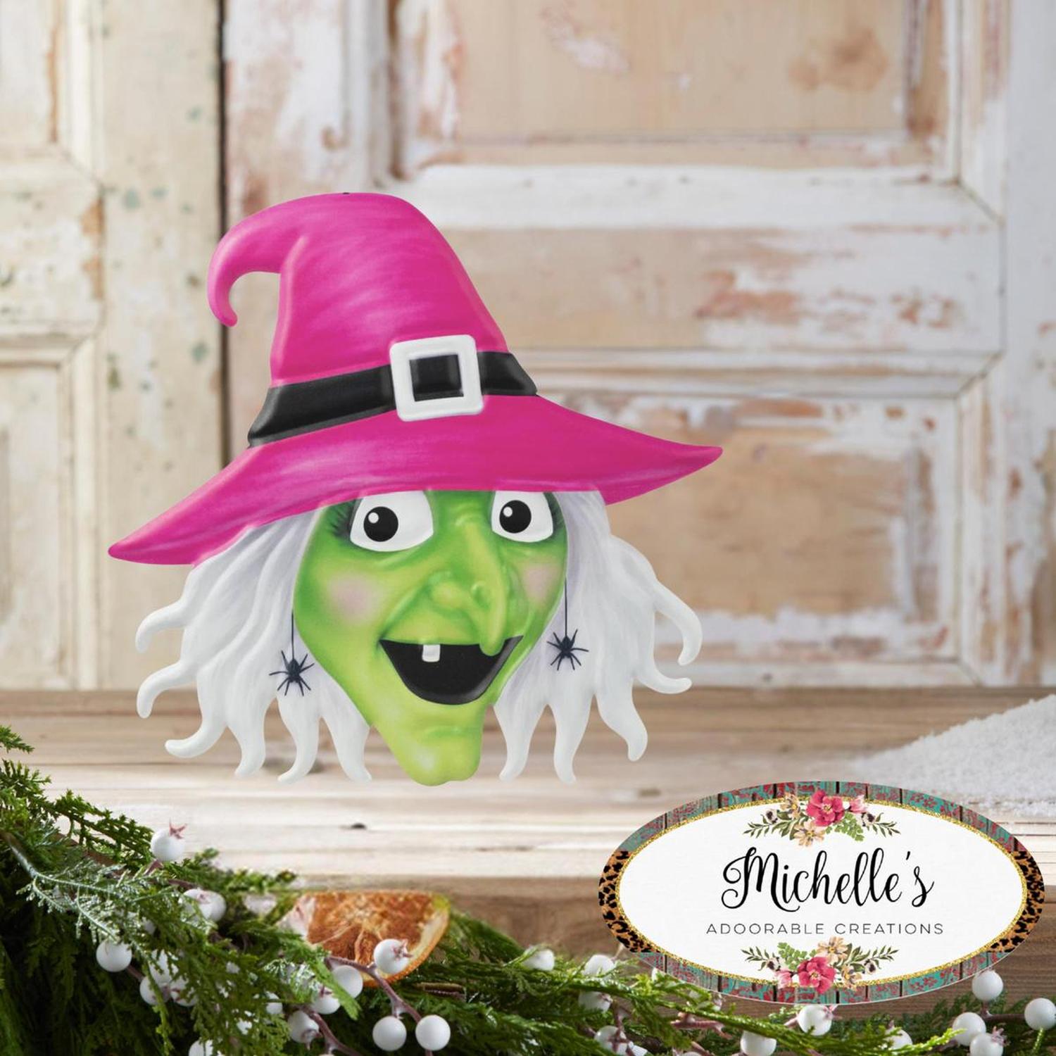 Shop For 12" Metal Embossed Sign: Witch Head (Pink)