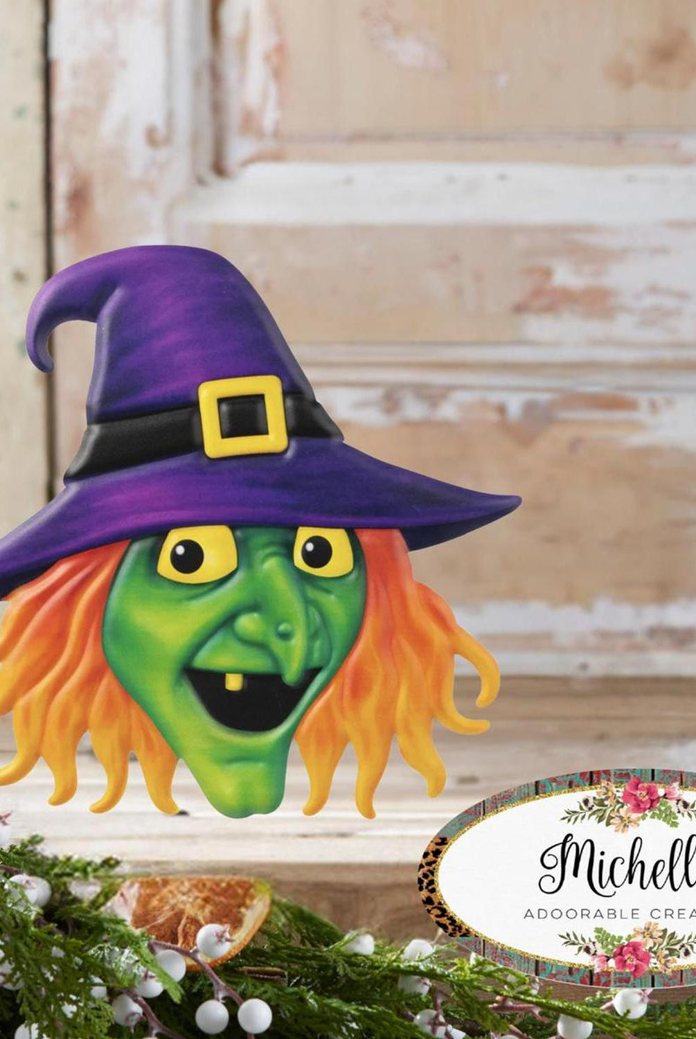 12" Metal Embossed Sign: Witch Head (Purple)