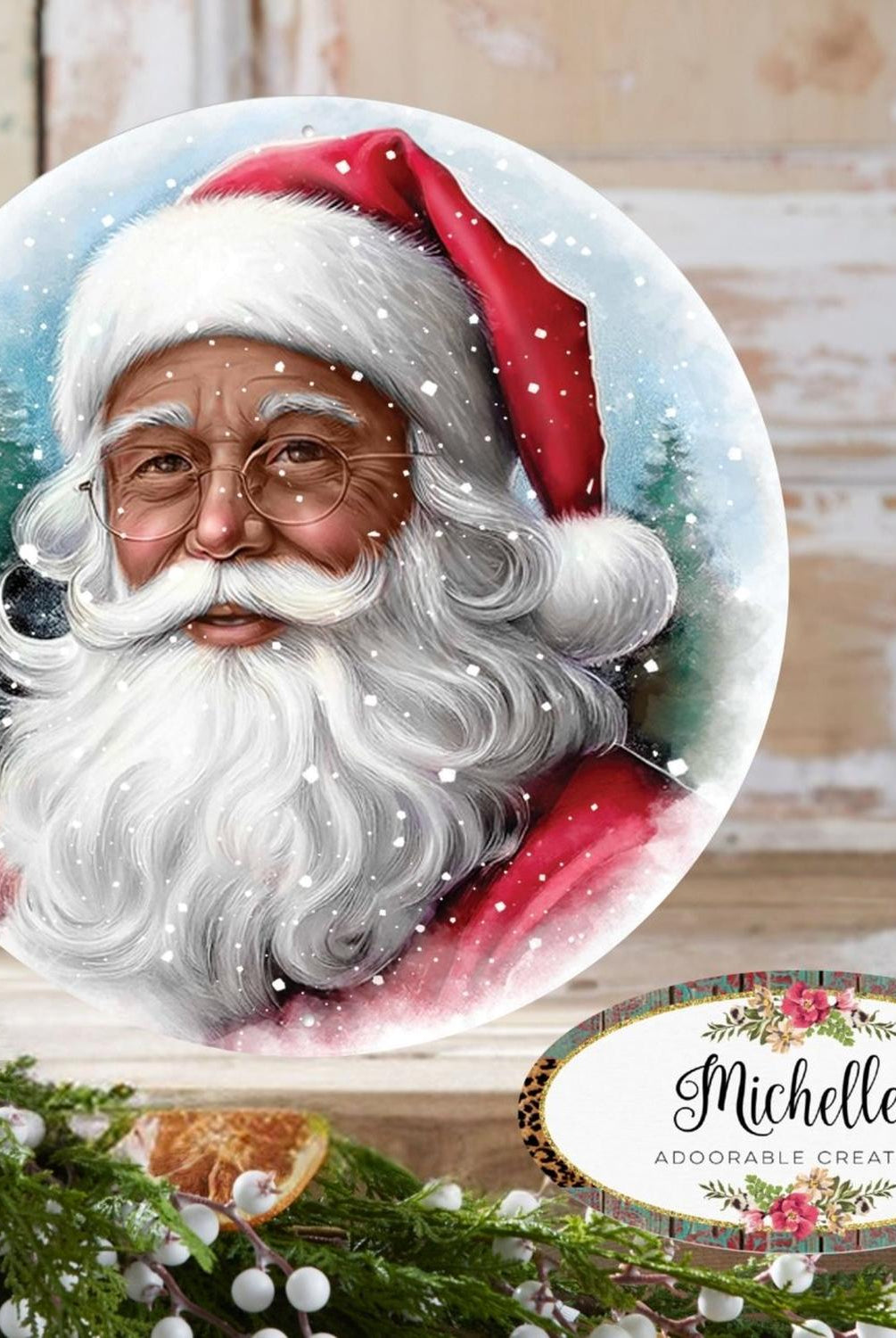12" Metal Round Sign: Dark Skin Santa Portrait