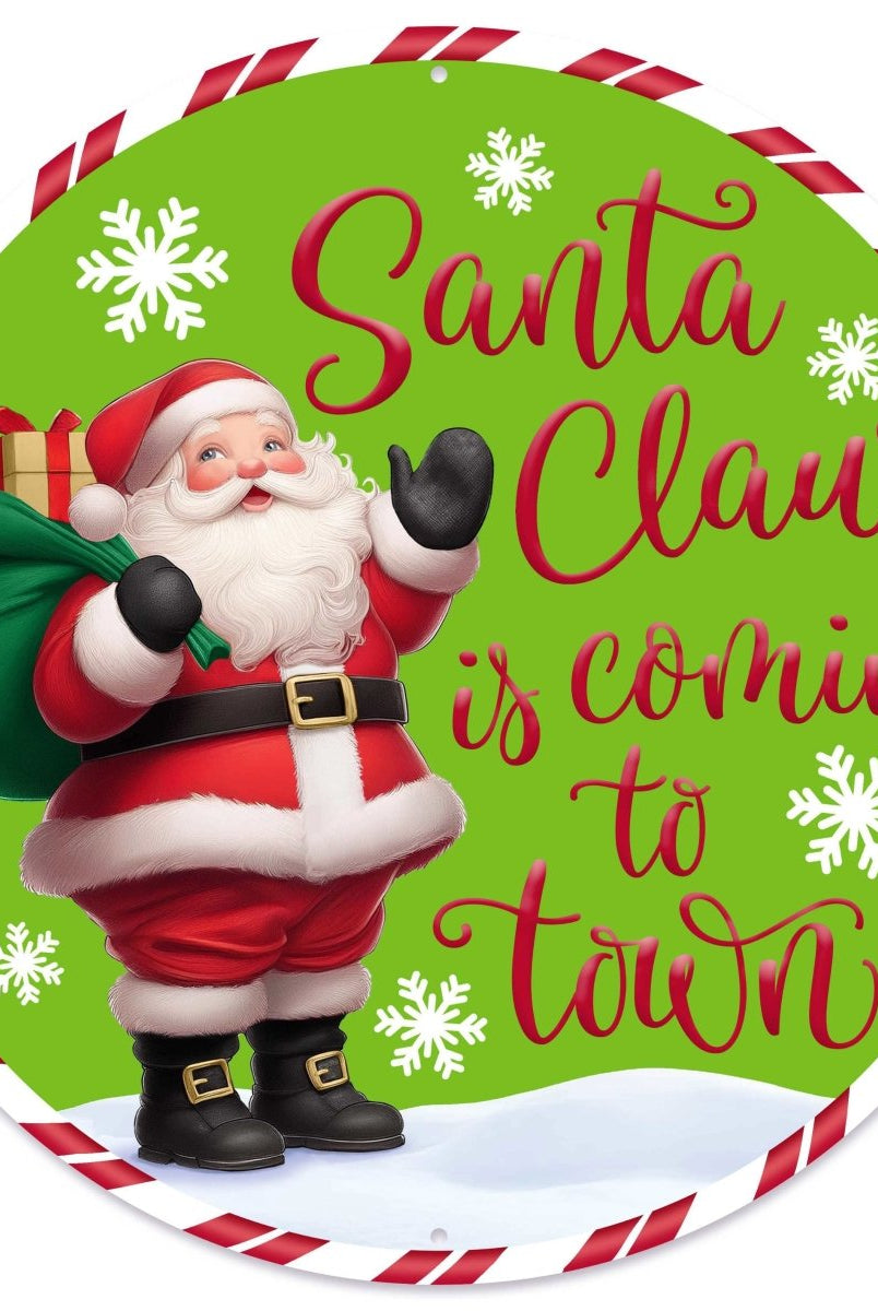 Shop For 12" Metal Round Sign: Santa Coming To Town (Green)