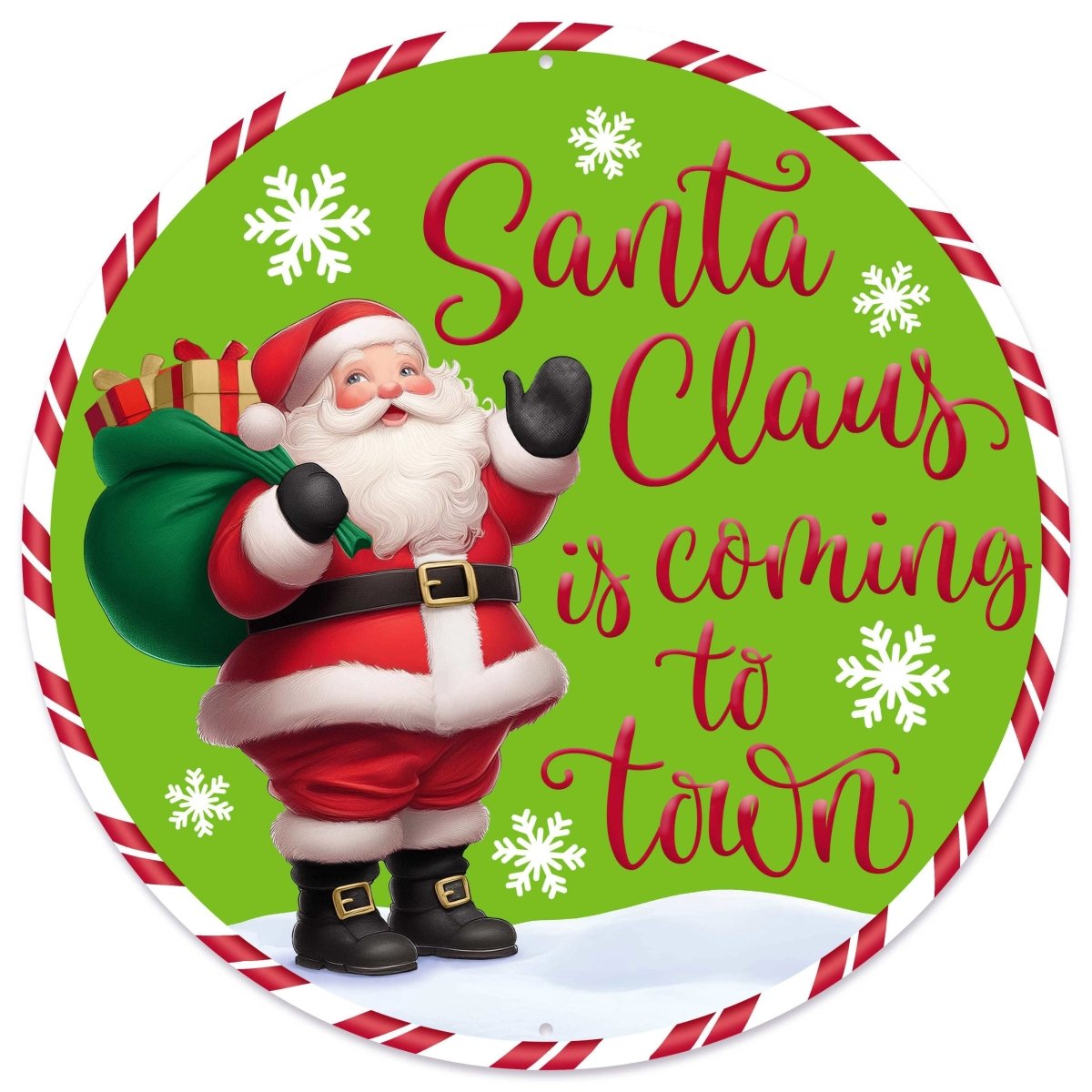 Shop For 12" Metal Round Sign: Santa Coming To Town (Green)