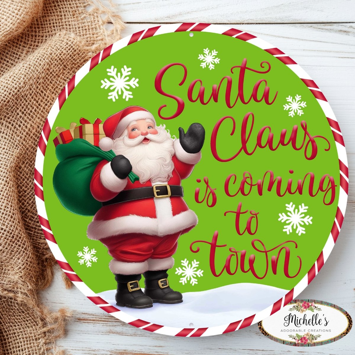 Shop For 12" Metal Round Sign: Santa Coming To Town (Green)