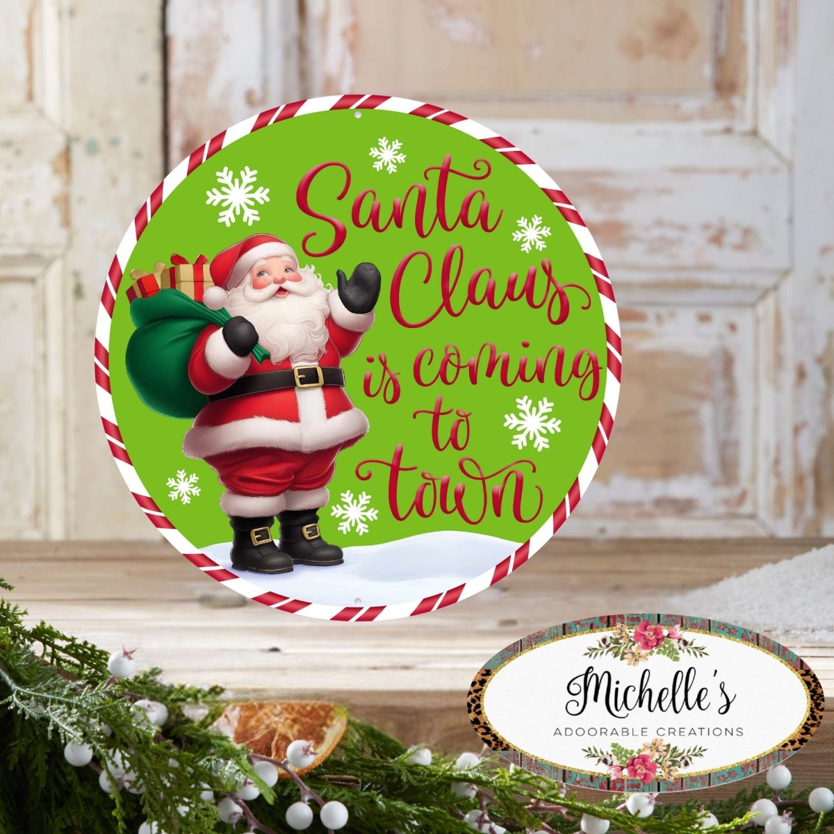 Shop For 12" Metal Round Sign: Santa Coming To Town (Green)