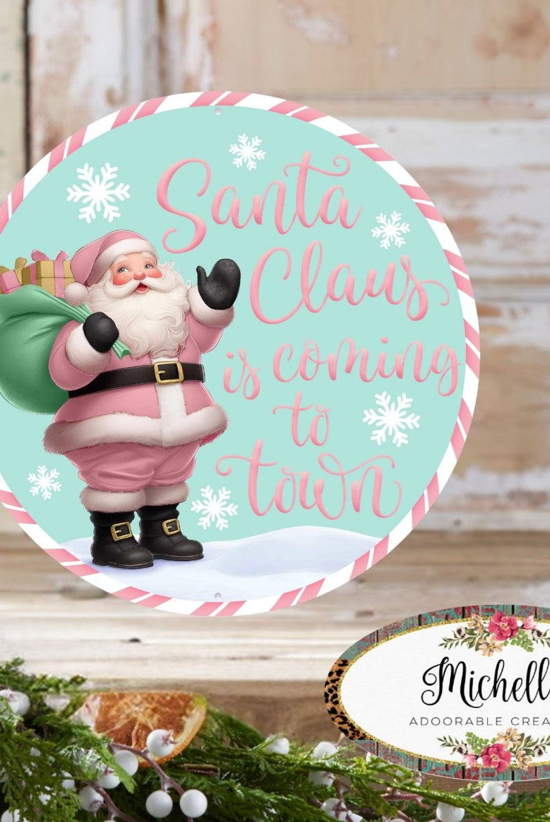 Shop For 12" Metal Round Sign: Santa Coming To Town (Ice Blue)