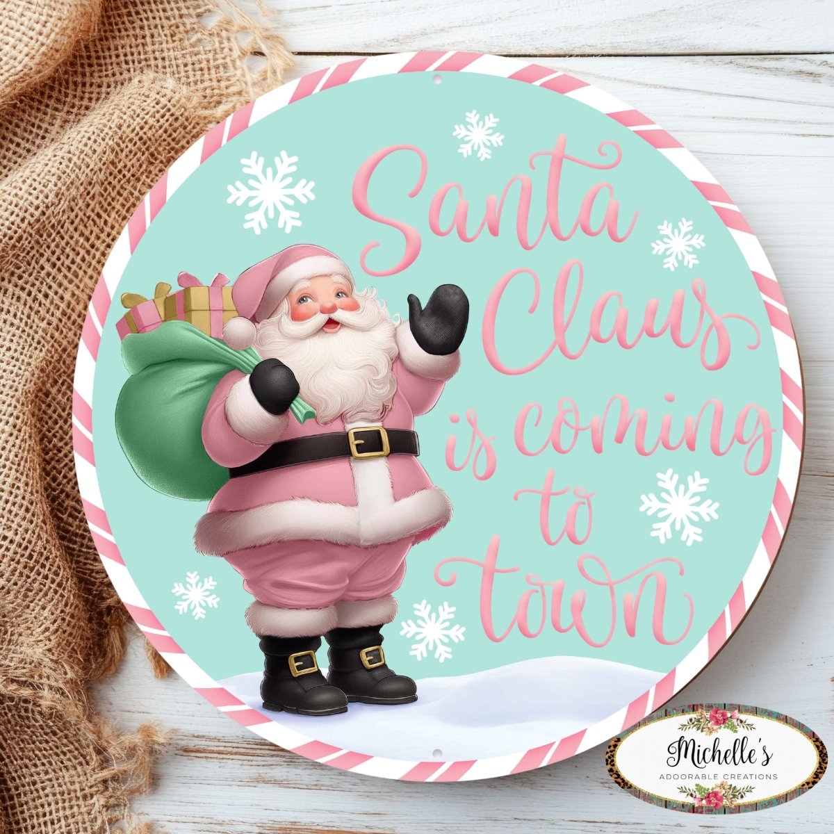 Shop For 12" Metal Round Sign: Santa Coming To Town (Ice Blue)