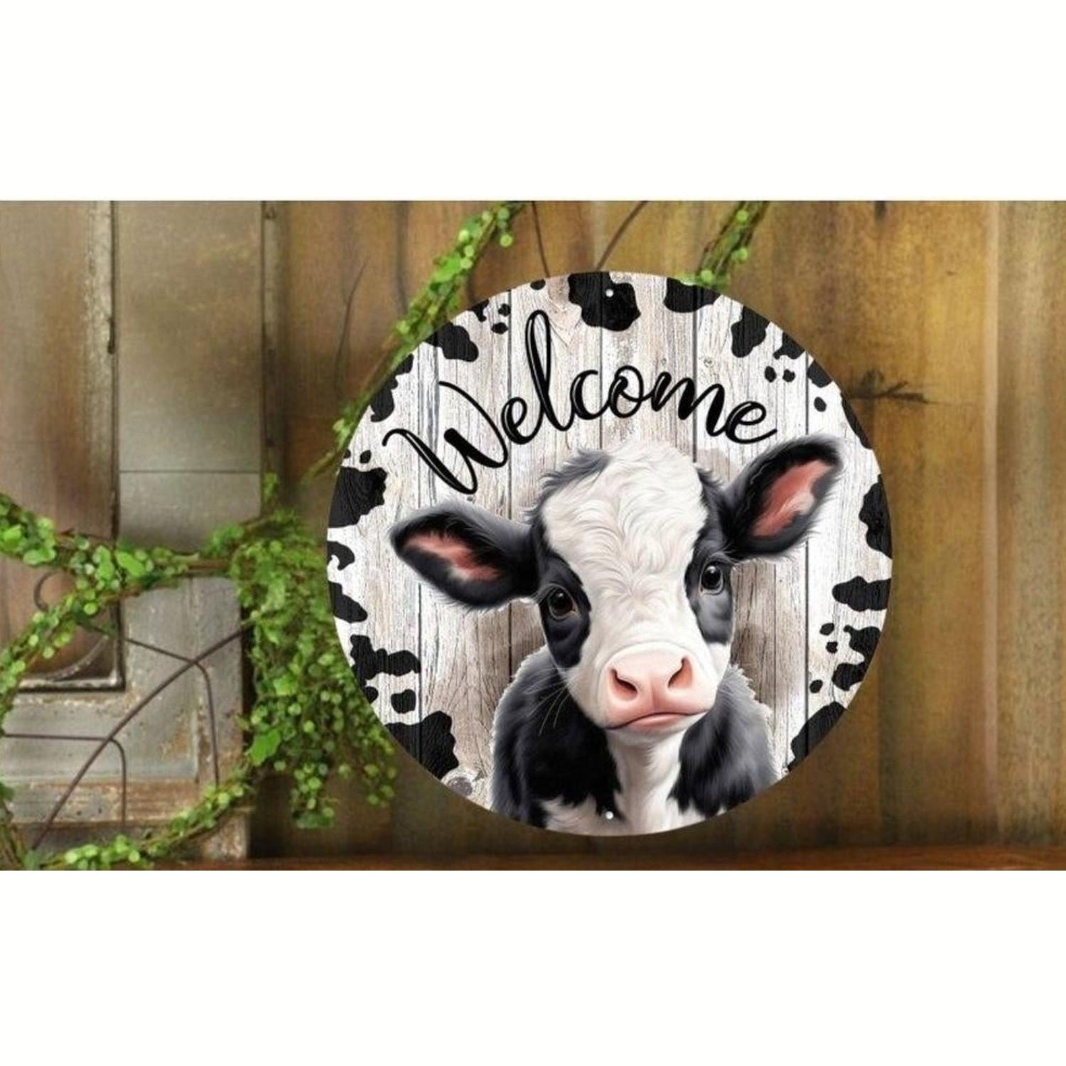 12" Metal Round Sign: Welcome Black Calf
