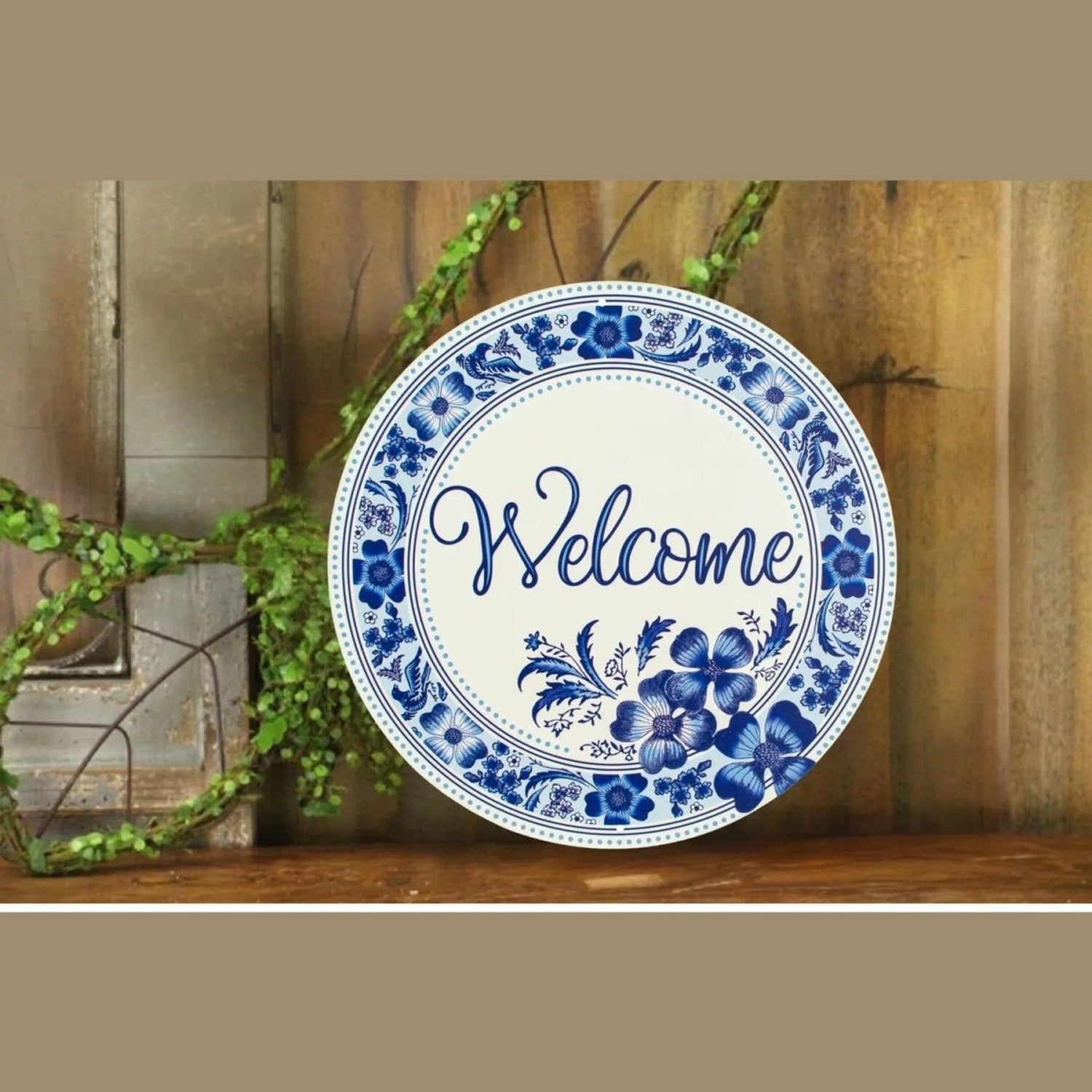 Shop For 12" Metal Round Sign: Welcome Blue Floral