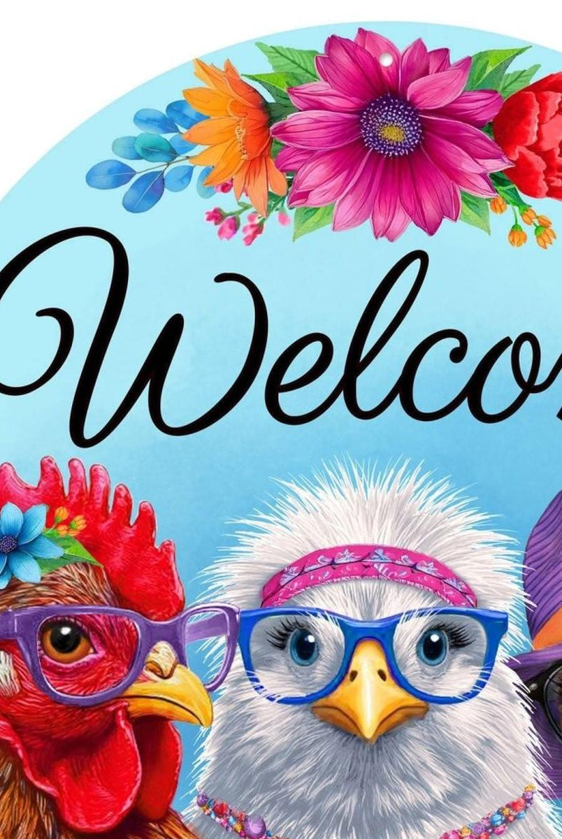 Shop For 12" Metal Round Sign: Welcome with Chickens
