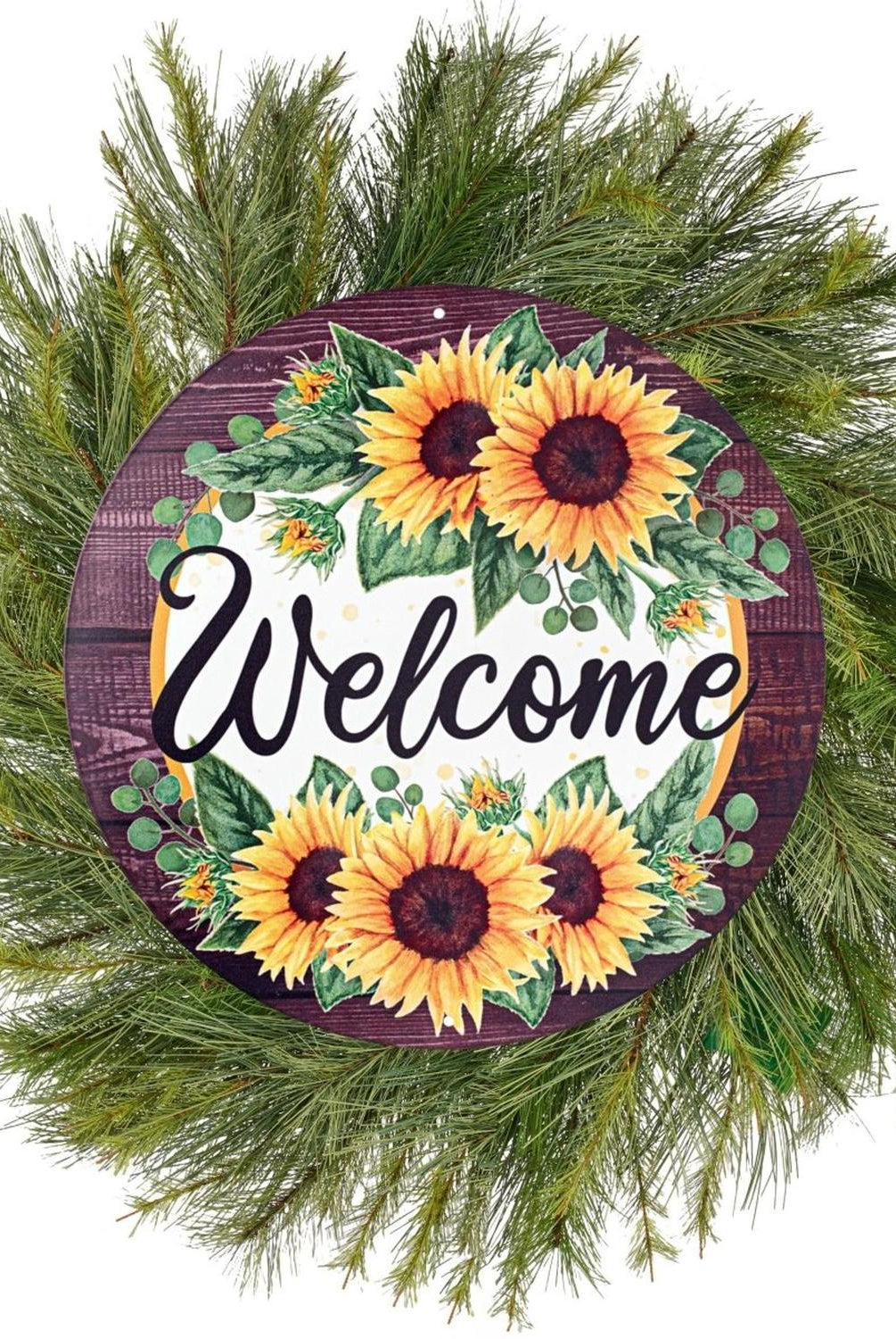 12" Metal Sign: Sunflower Welcome Wood