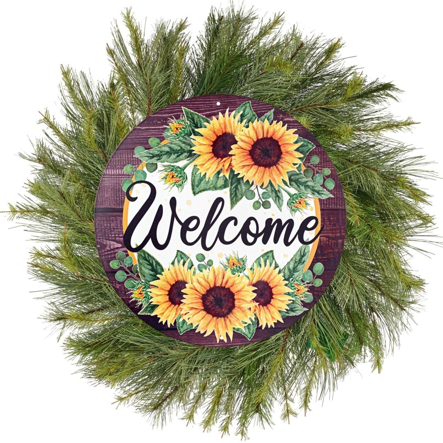 12" Metal Sign: Sunflower Welcome Wood