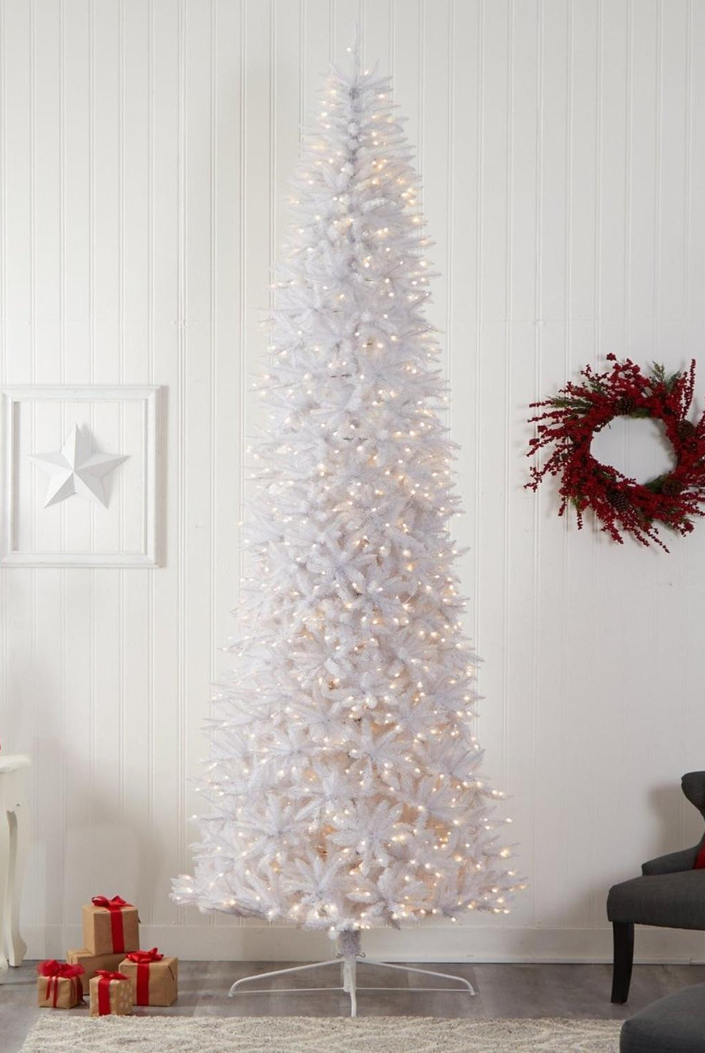 12’ Slim White Artificial Christmas Tree with 1100 Warm White LED Lights and 3235 Bendable Branches