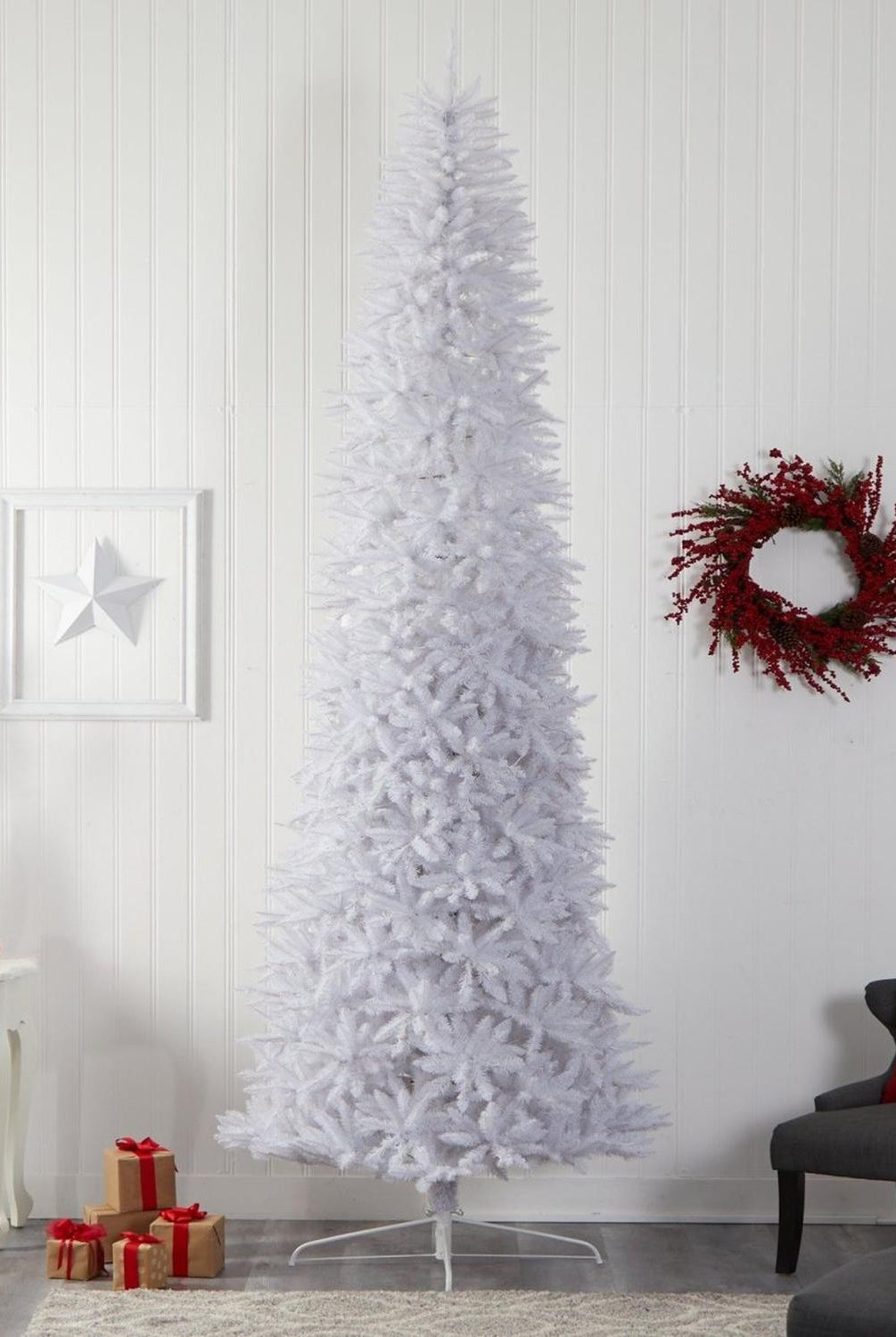 12’ Slim White Artificial Christmas Tree with 1100 Warm White LED Lights and 3235 Bendable Branches