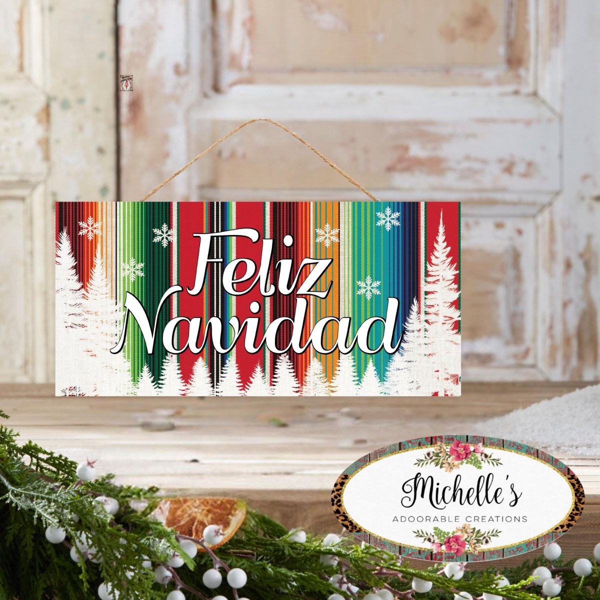 Shop For 12" Wooden Sign: Serape Feliz Navidad