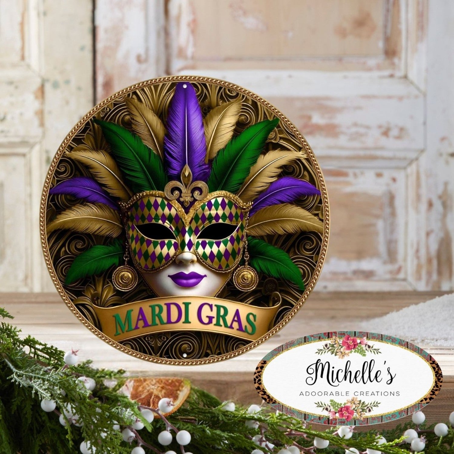 Shop For 12in Metal Round Sign: Mardi Gras Gilded Mask