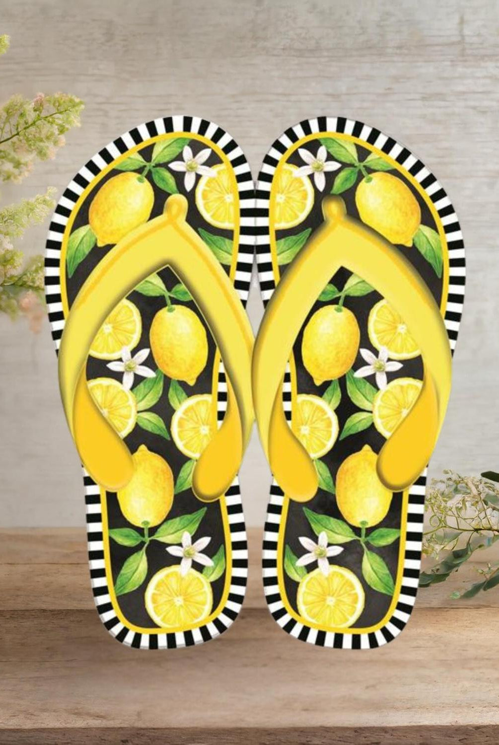 13" Metal Embossed Flip Flops: Lemon Black