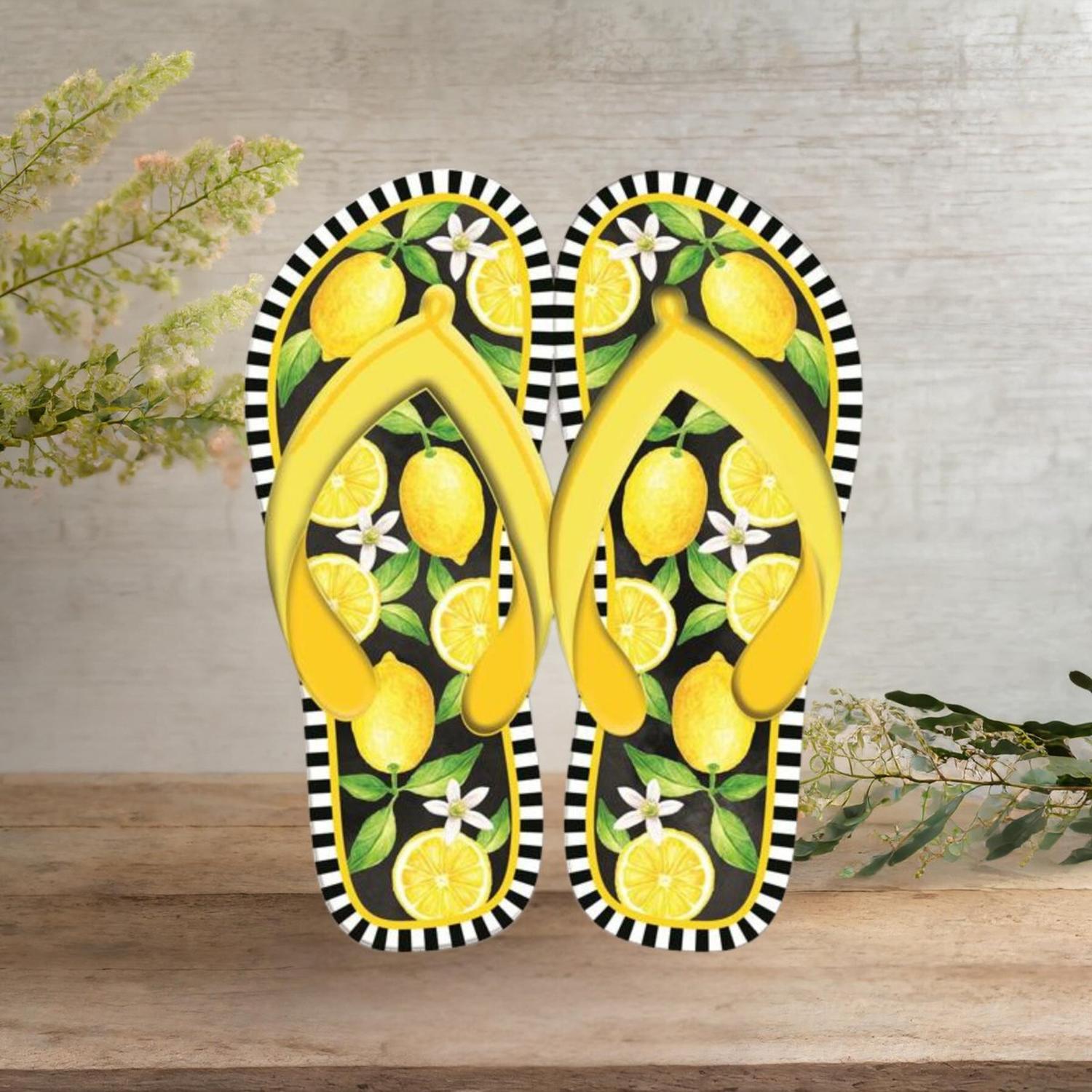 13" Metal Embossed Flip Flops: Lemon Black