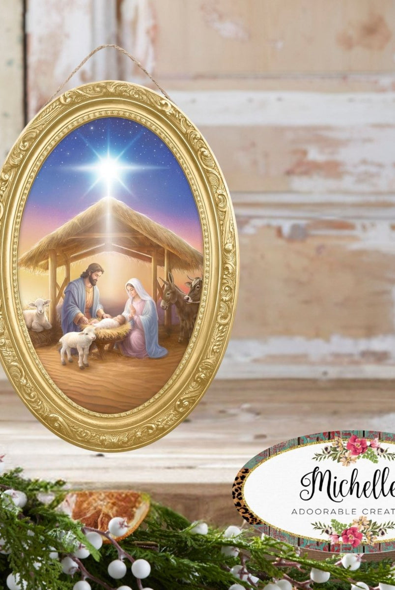 Shop For 13in Wooden Oval Sign: Holy Family Nativity