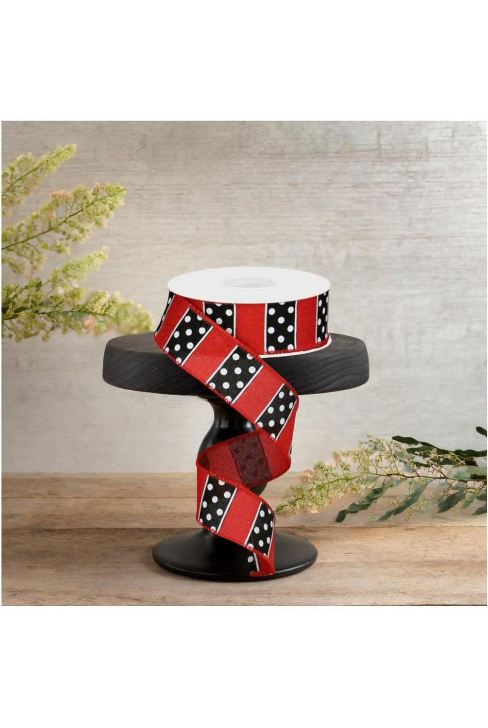 1.5" B & W Polka Dot Stripes Ribbon: Red (10 Yards)