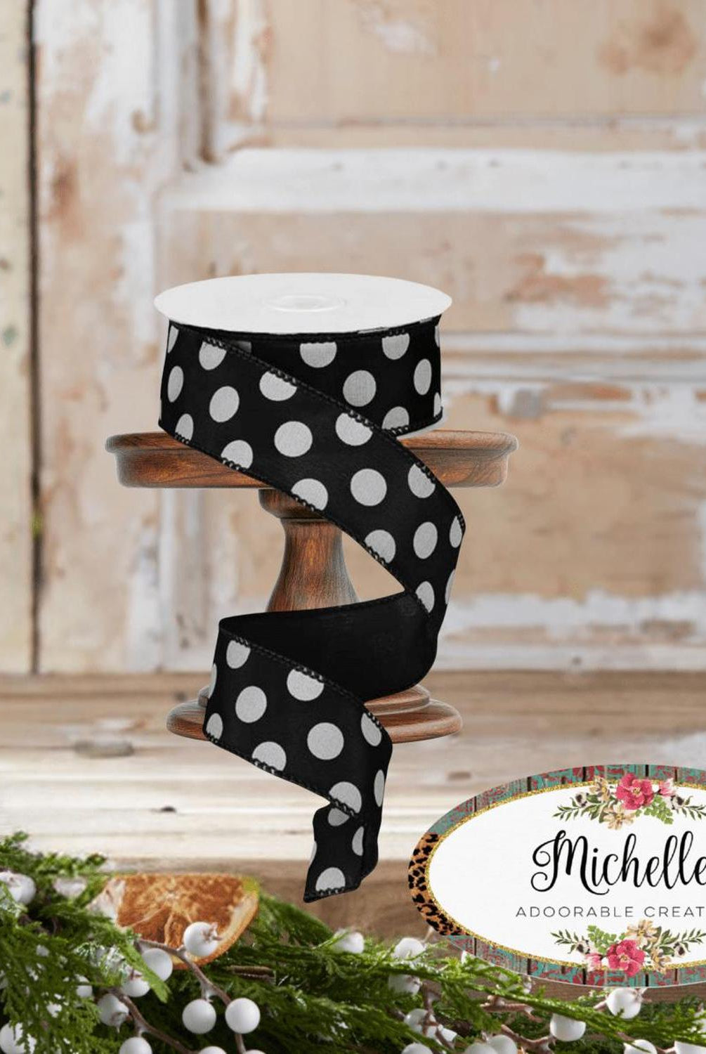 1.5" Big Polka Dot Ribbon: Black & White (10 Yards)