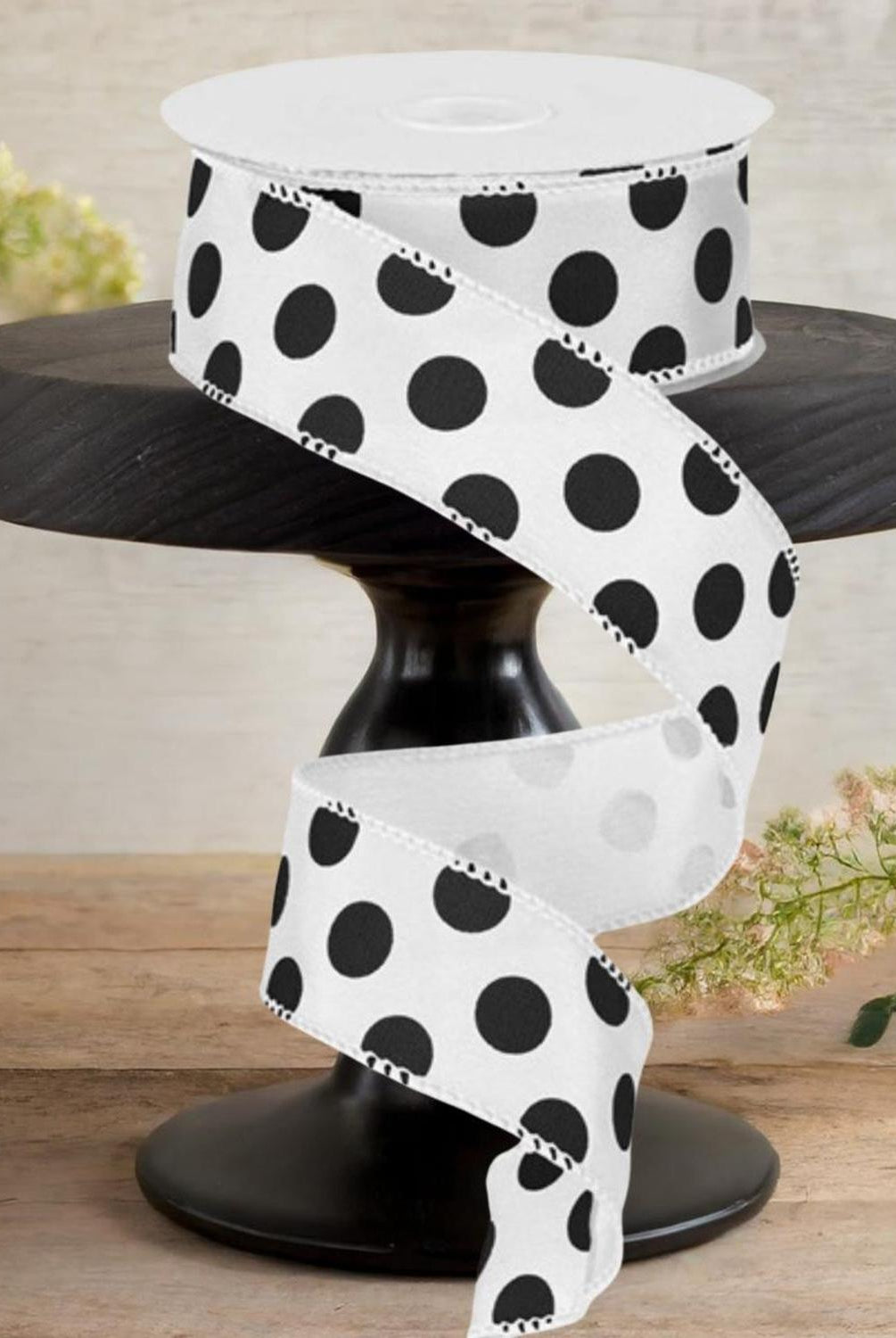 1.5" Big Polka Dot Ribbon: White & Black (10 Yards)