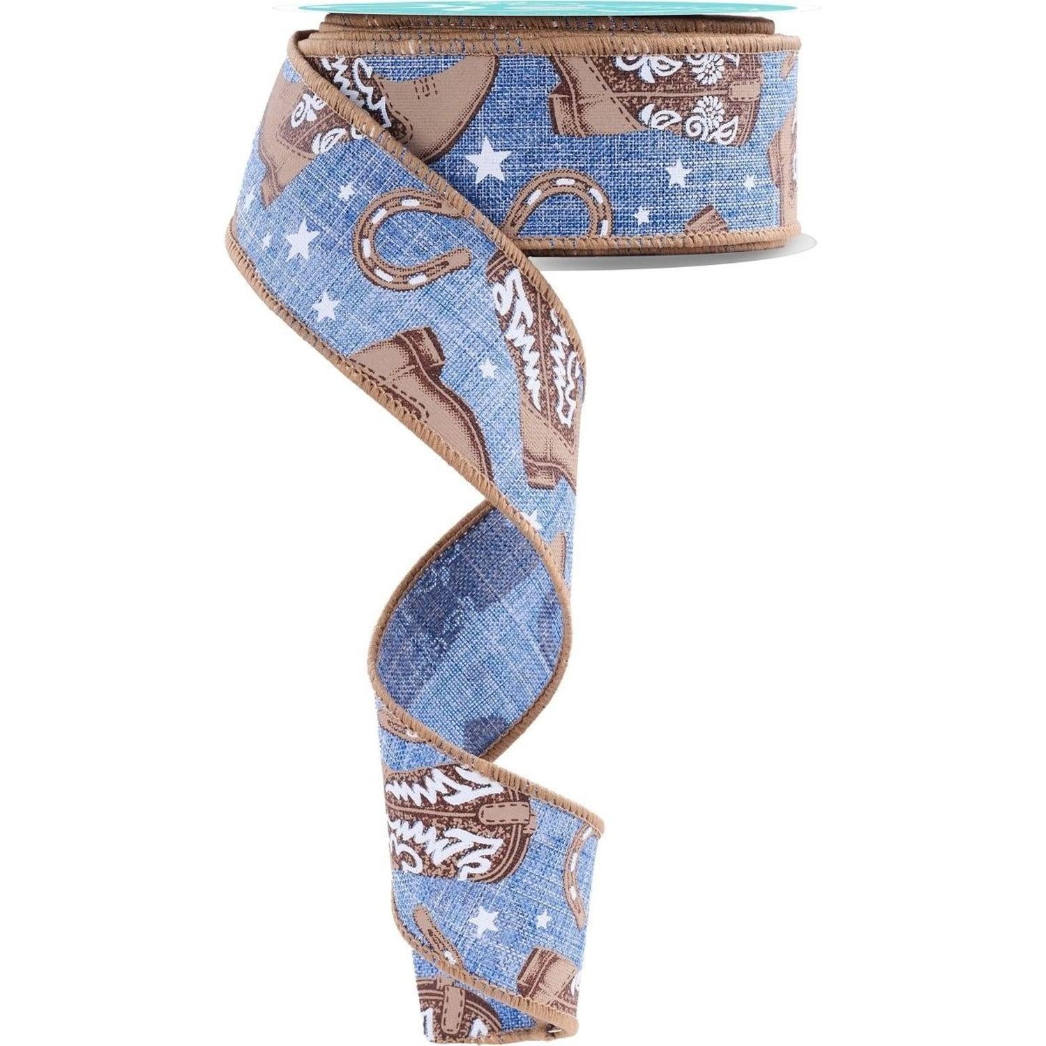 1.5" Cowboy Boots Ribbon: Blue (10 Yards)