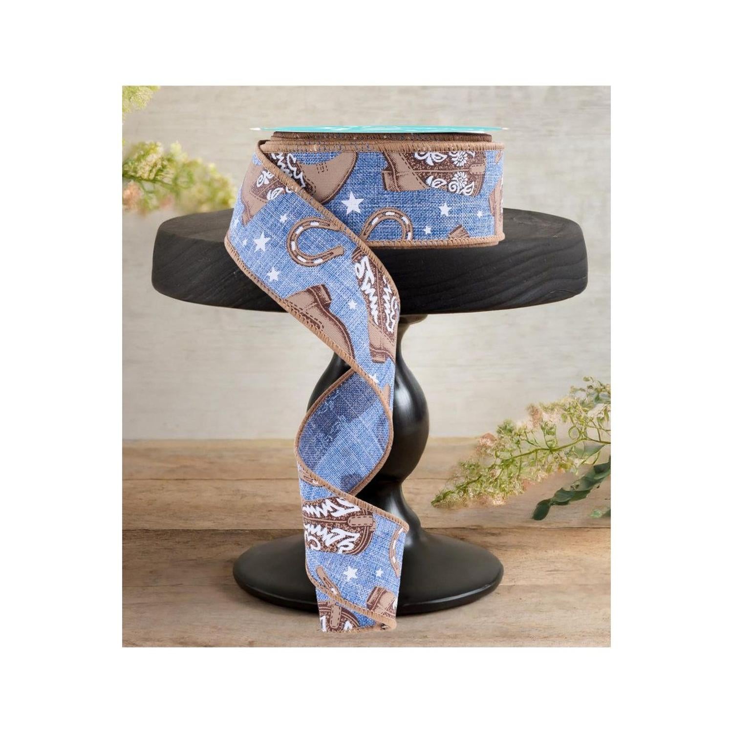1.5" Cowboy Boots Ribbon: Blue (10 Yards)