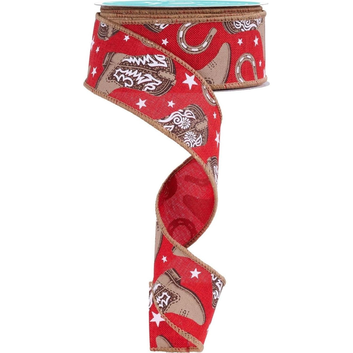 1.5" Cowboy Boots Ribbon: Red (10 Yards)